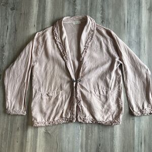 Krista Larson Pink Linen Blazer With Ruffle Detail Hand Made In USA One Size